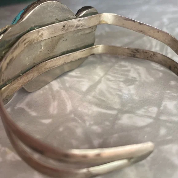 Vintage 1970’s Turquoise and Coral Sterling Native Cuff Bracelet